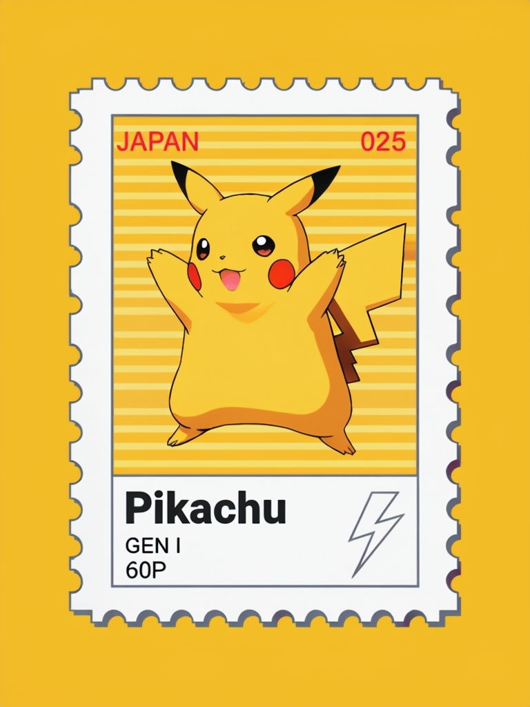 Playful Pikachu Postage Stamp Illustration on Yellow Background Sticker