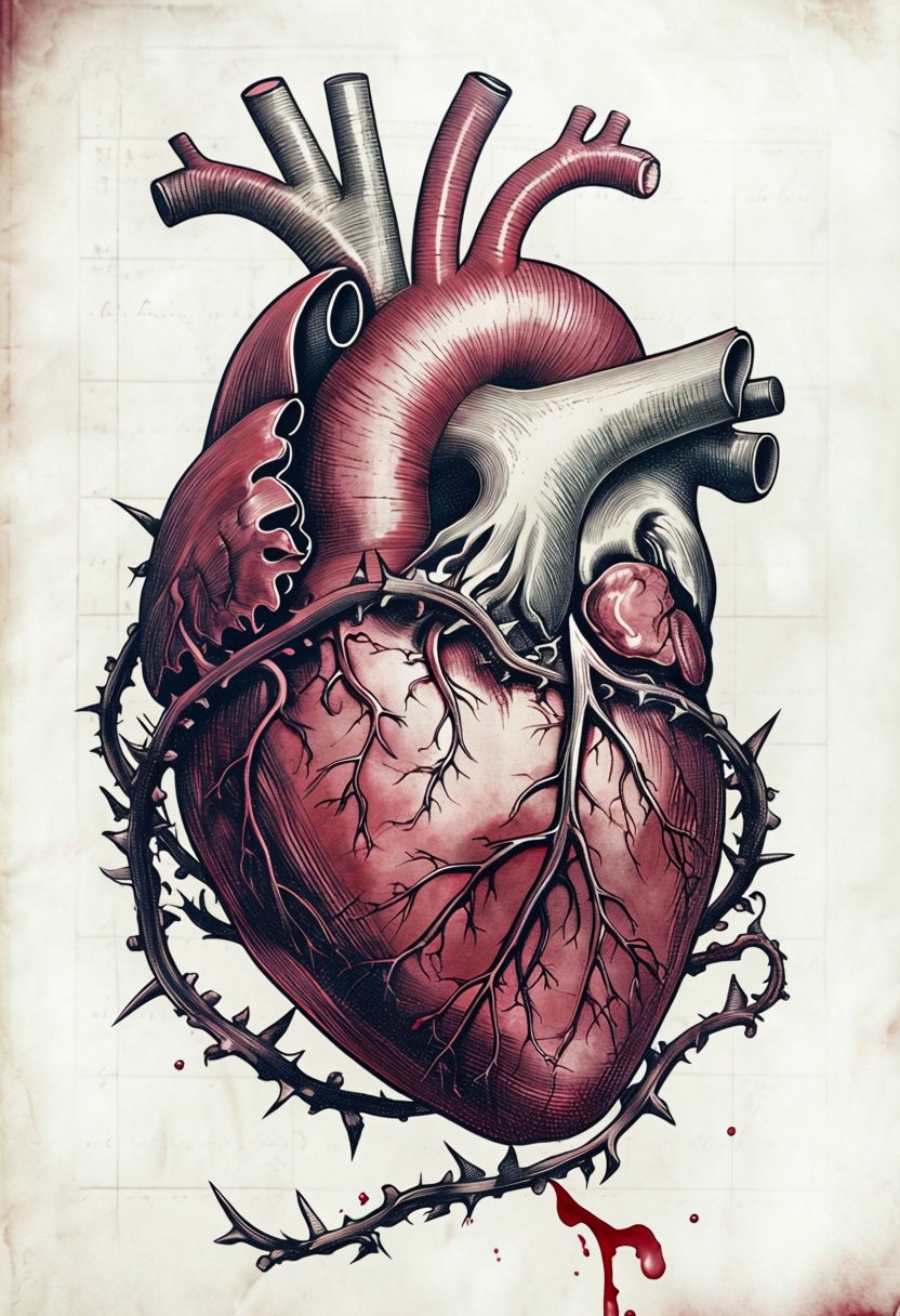 Intricate Vintage Human Heart Illustration with Thorny Vines Art