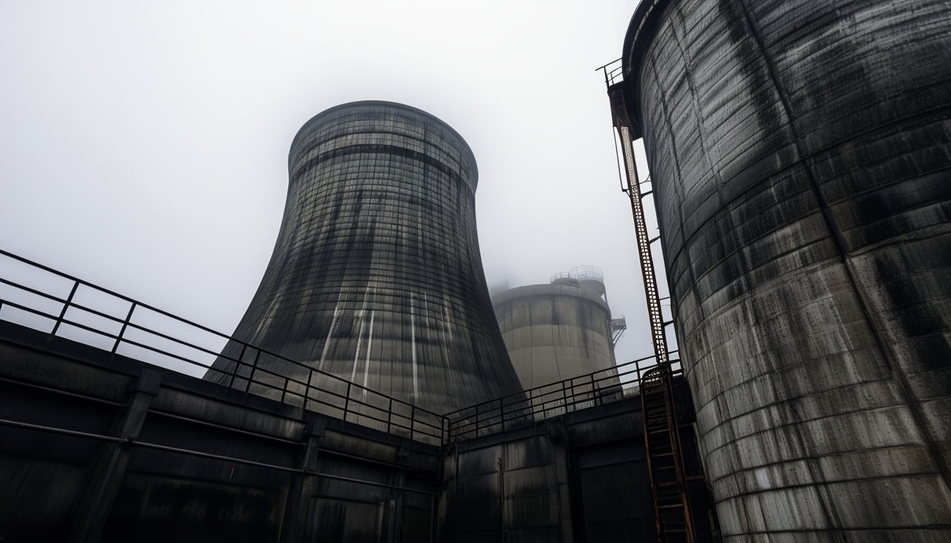 Foggy Industrial Cooling Tower Landscape Virtual Background