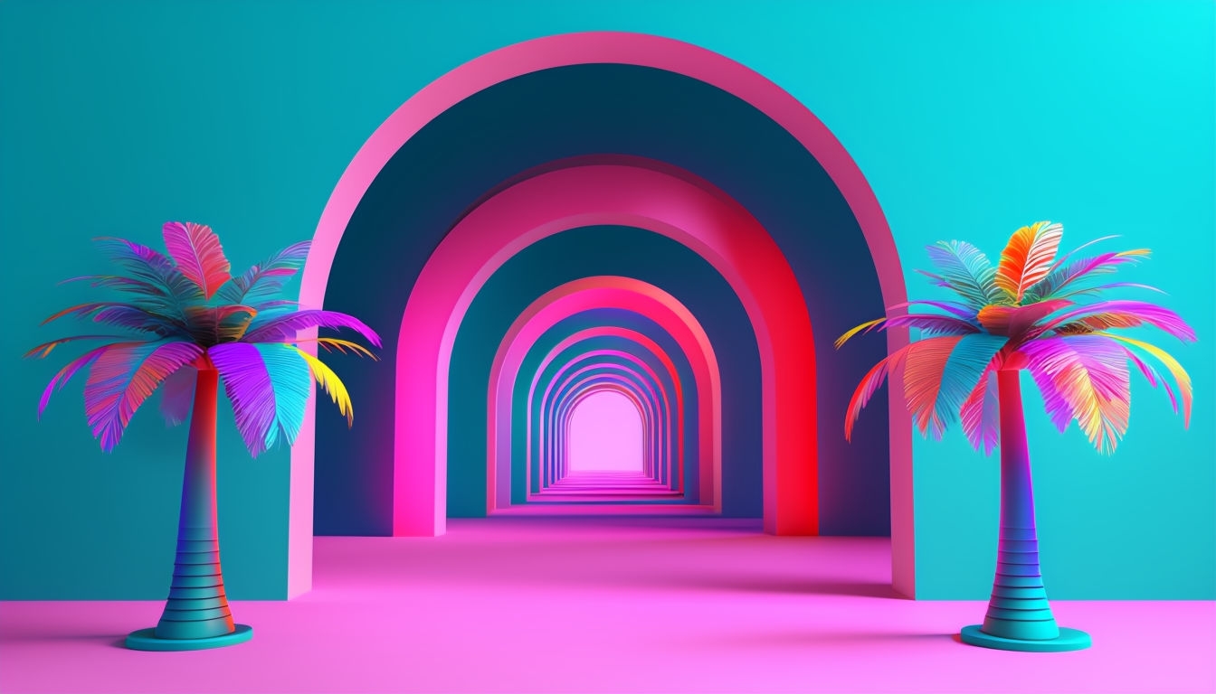 Surreal 3D Geometric Corridor with Neon Palm Trees Background