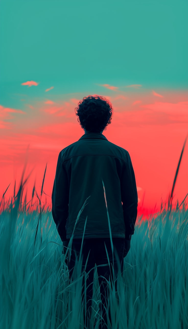 Solitary Man Silhouette at Sunset in Vibrant Colors Mobile Wallpaper