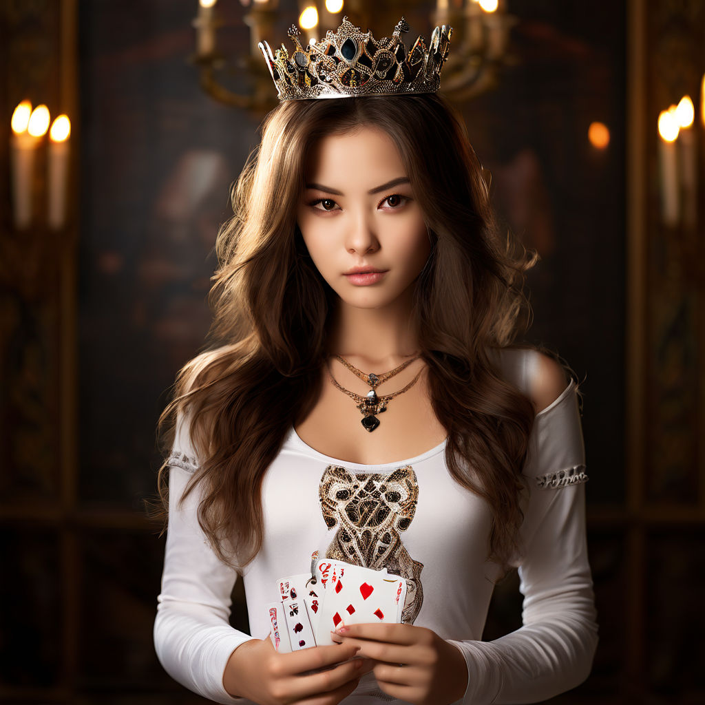 Cute girl, beautiful, adorable, standing in a room , playing card, show tarot cards, gracefully, seductive, alluring, cute navel, white skin, Asian girl, straight long haired, Wearing casual t shirt, pants, tight, epic royal background, big royal uncropped crown, royal jewelry, robotic, nature, full shot, symmetrical, Greg Rutkowski, Charlie Bowater, Beeple, Unreal 5, hyperrealistic, dynamic lighting, fantasy art