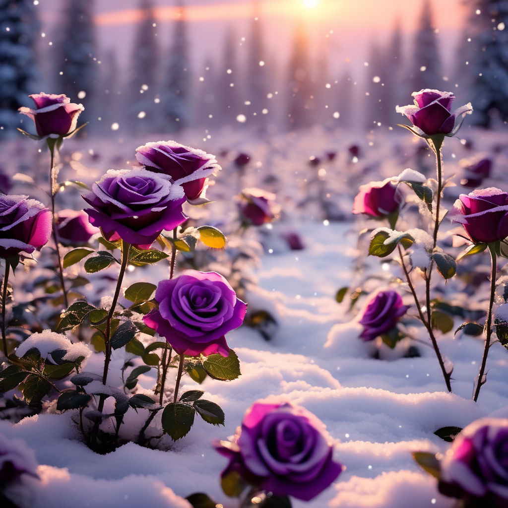 Prompt: Field of purple roses and the snow cover the flowers and there is a billion of flowers and there is one flower shine and different from all( without people)