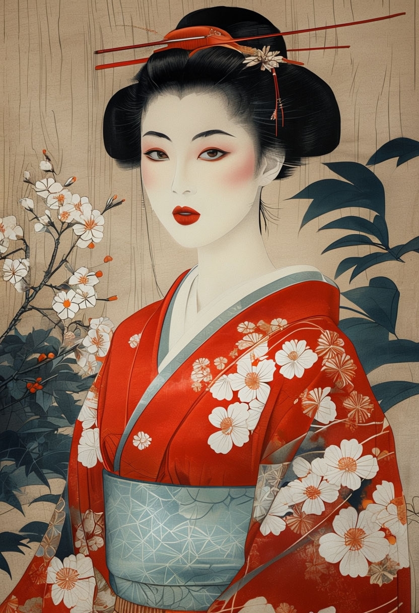 Vibrant Red Kimono Woman in Traditional Japanese Illustration Art