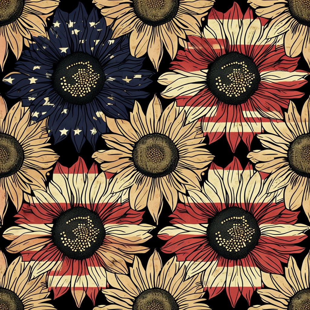 Patriotic Sunflower American Flag Seamless Pattern Design