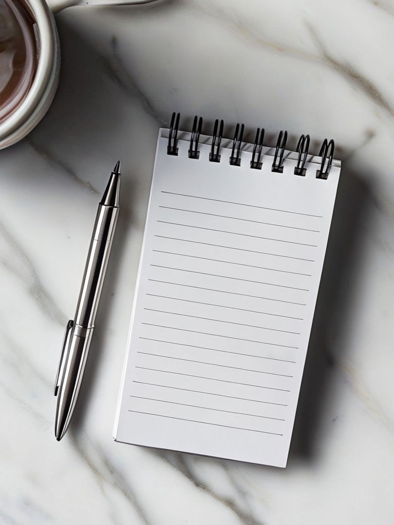 Elegant Spiral-Bound Notebook and Silver Pen on Marble Surface Mockup