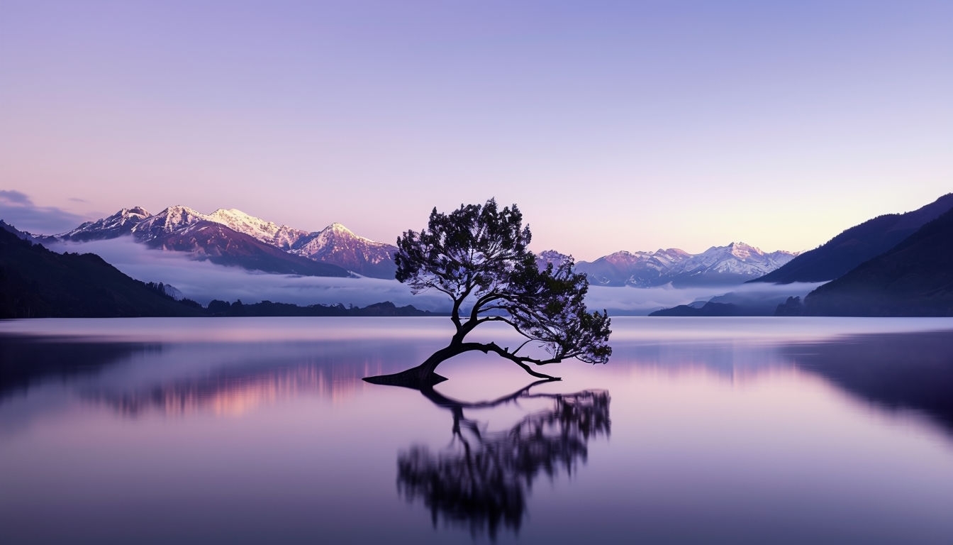 Serene Twilight Lake with Leaning Tree and Snow-Capped Mountains Virtual Backgrounds