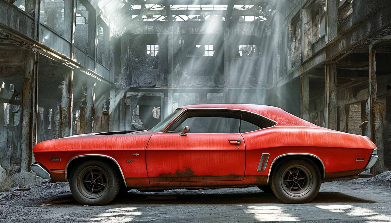 Rustic Cherry Red Muscle Car in Abandoned Industrial Background Virtual Backgrounds