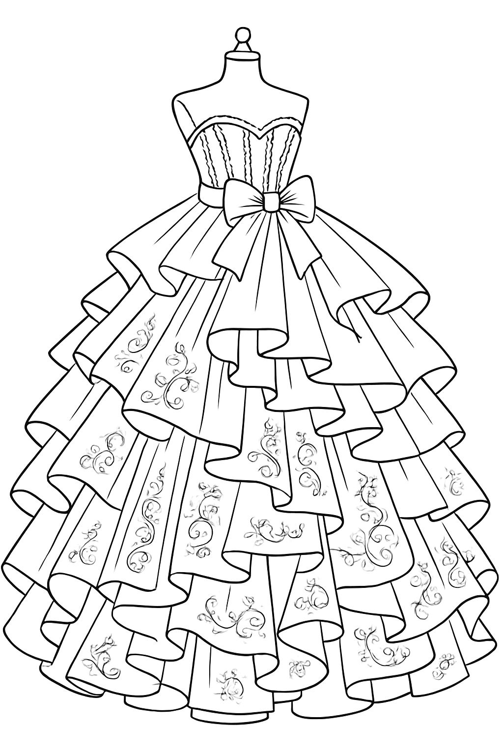 Elaborate Ball Gown Line Drawing for Creative Coloring Book Pages