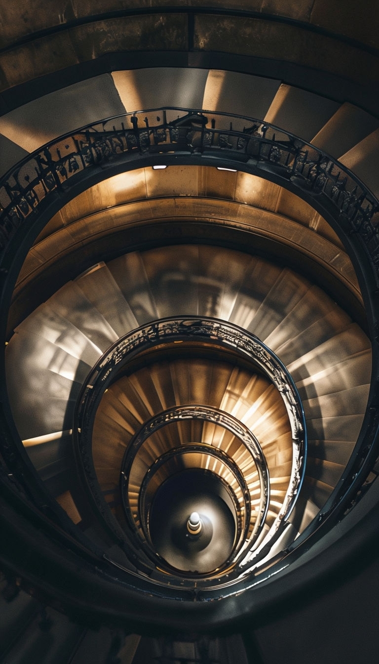 Dramatic Top-Down View of Spiral Staircase Architecture Mobile Wallpaper