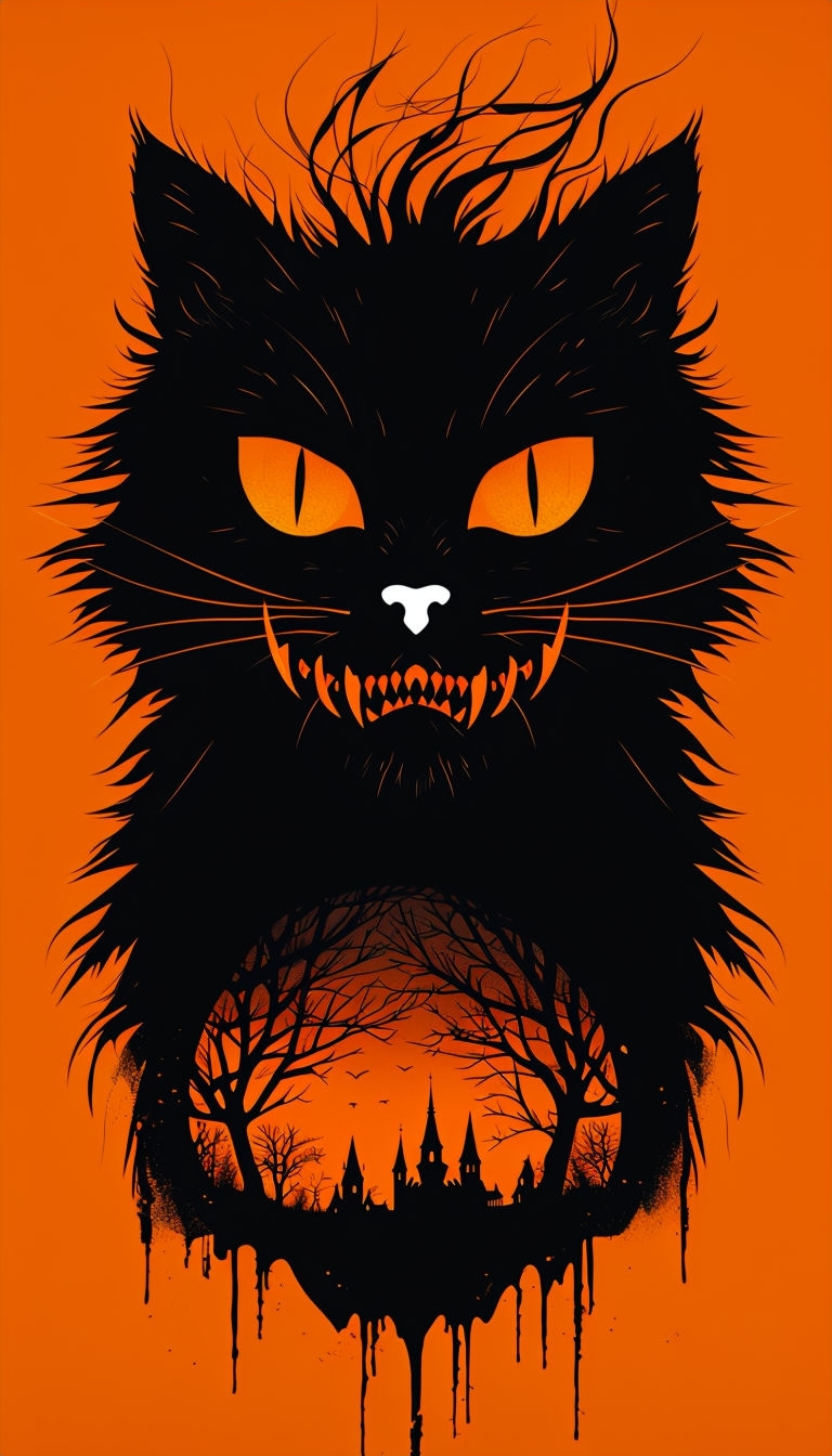 Menacing Black Cat with Spooky Forest Double Exposure Wallpaper