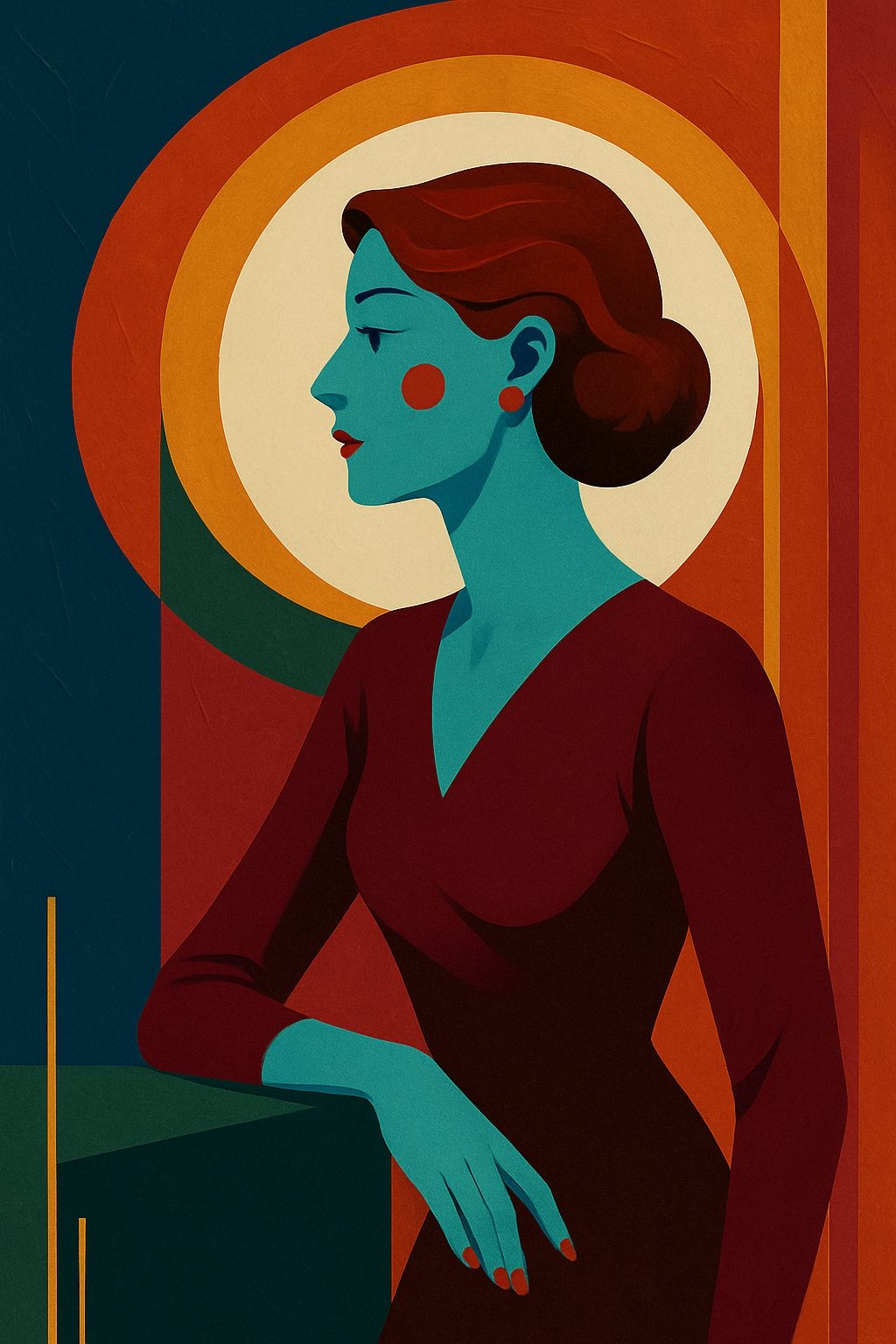 Modernist Teal-Skinned Woman with Warm Tones Art