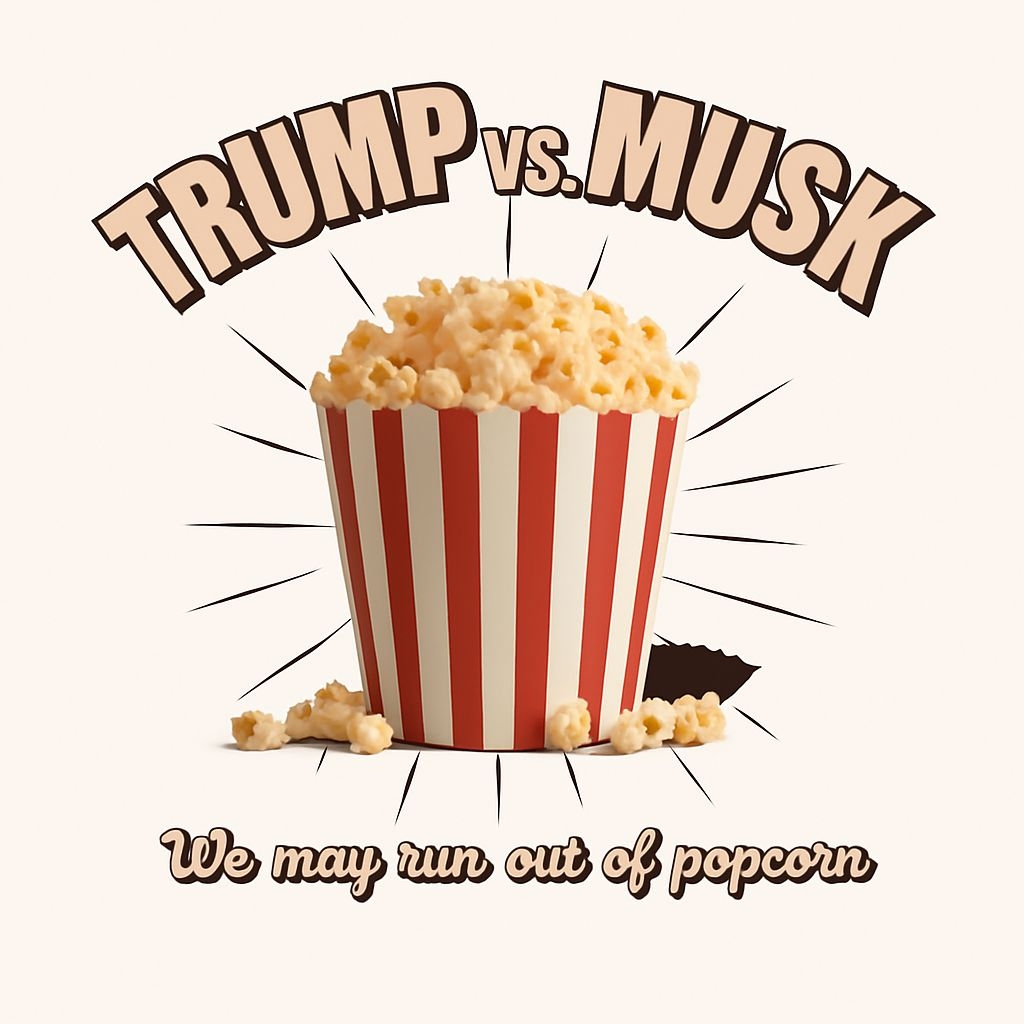 Playful Popcorn Bowl with Trump vs Musk Text Graphic Sticker