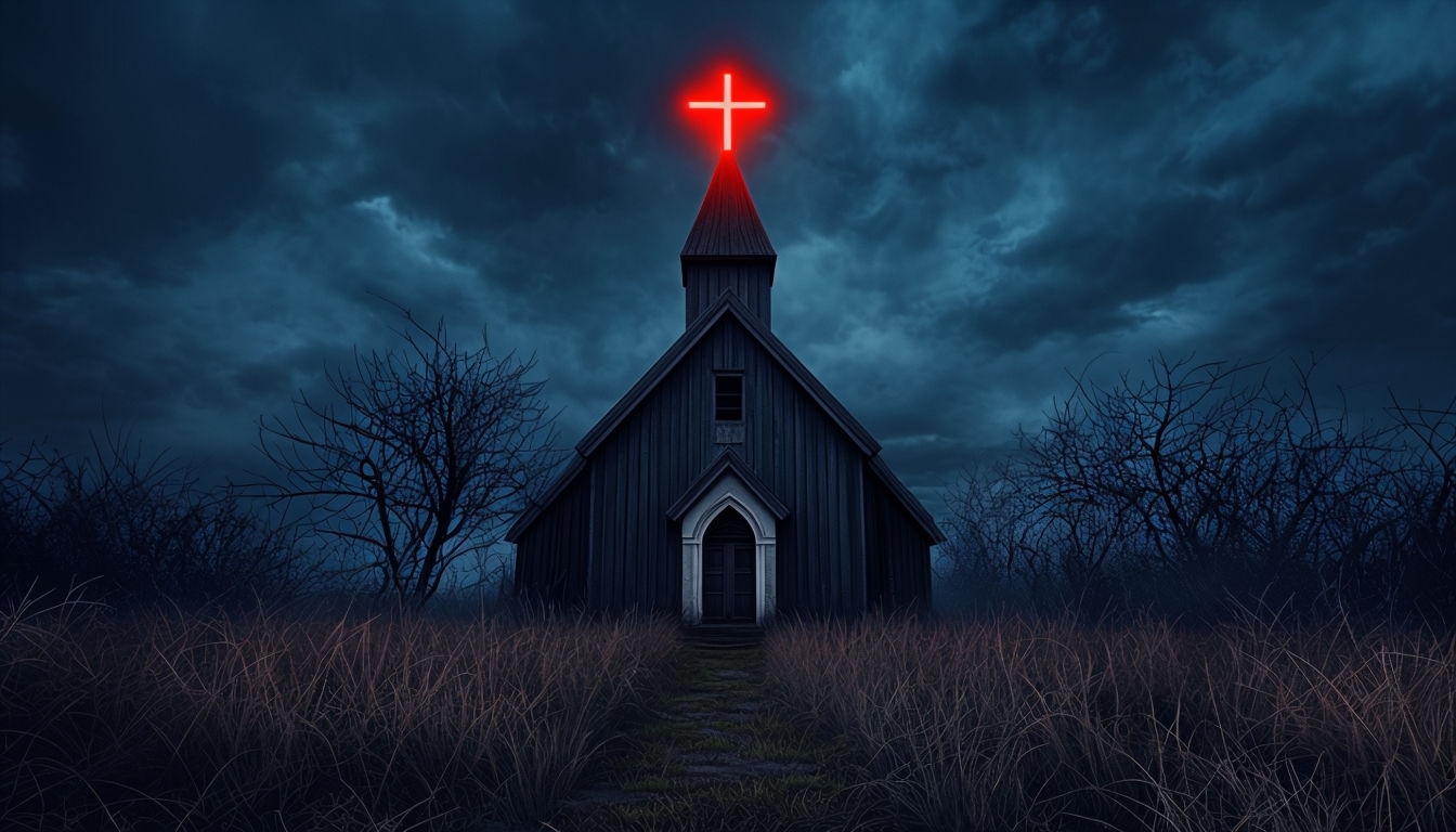 Eerie Night Church with Glowing Neon Cross Virtual Background