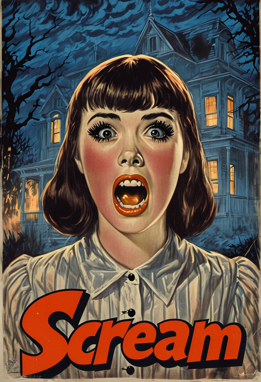 Vintage Horror Movie Scream Poster Featuring Terrified Woman