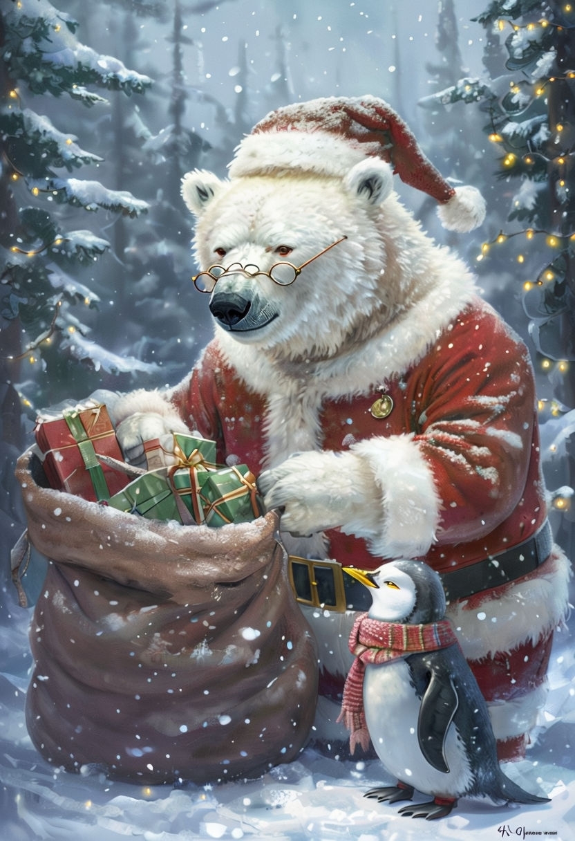 Friendly Polar Bear Santa with Penguin Gift in Winter Wonderland Art