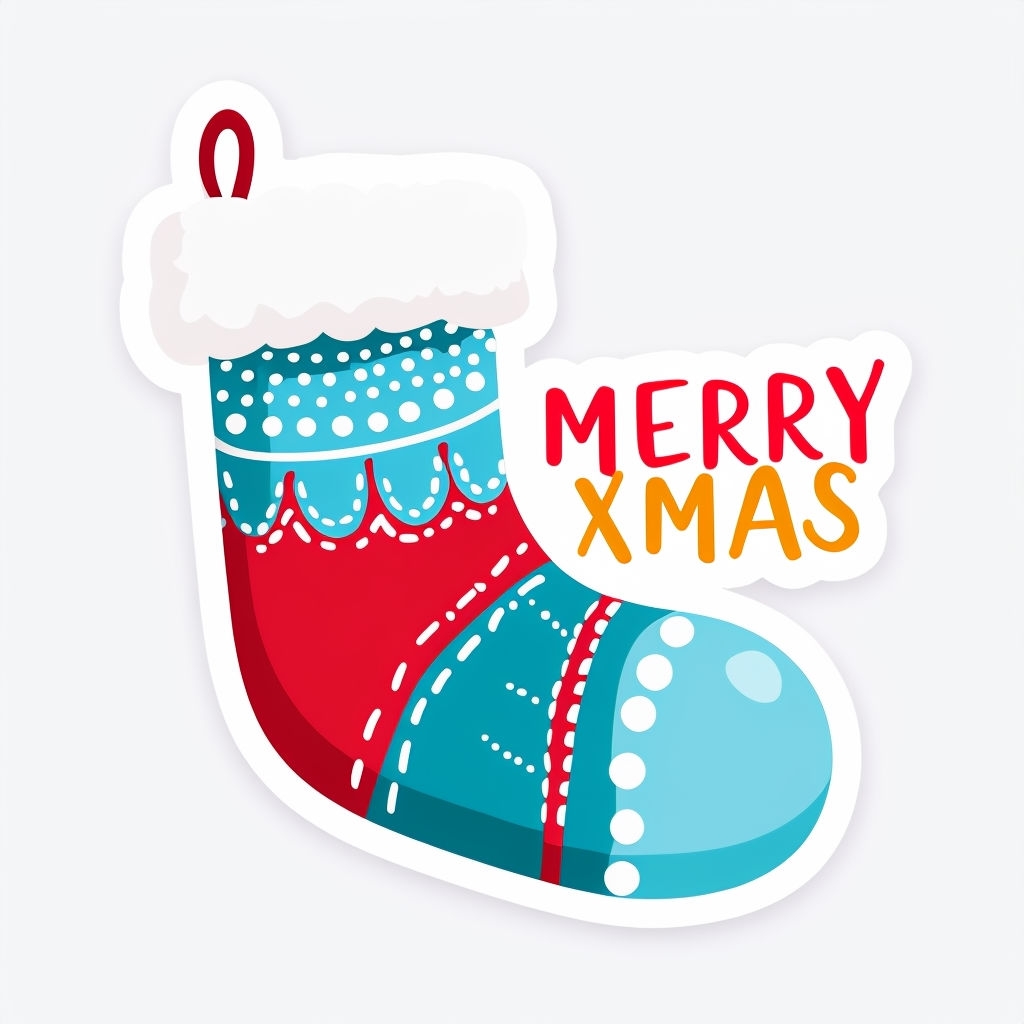 Vibrant Cartoon Christmas Stocking with Merry Xmas Text Sticker