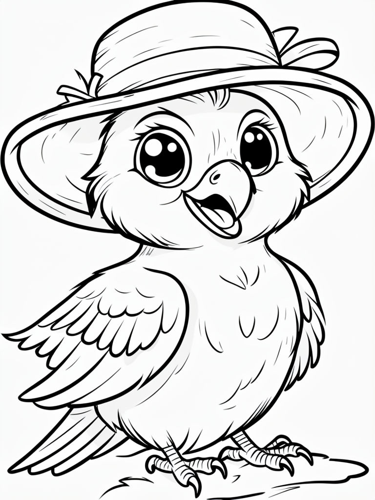 Cheerful Cartoon Bird with Hat Black and White Coloring Page