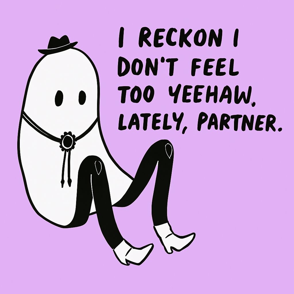 Whimsical Ghost Cowboy with Heart Patches Meme Illustration