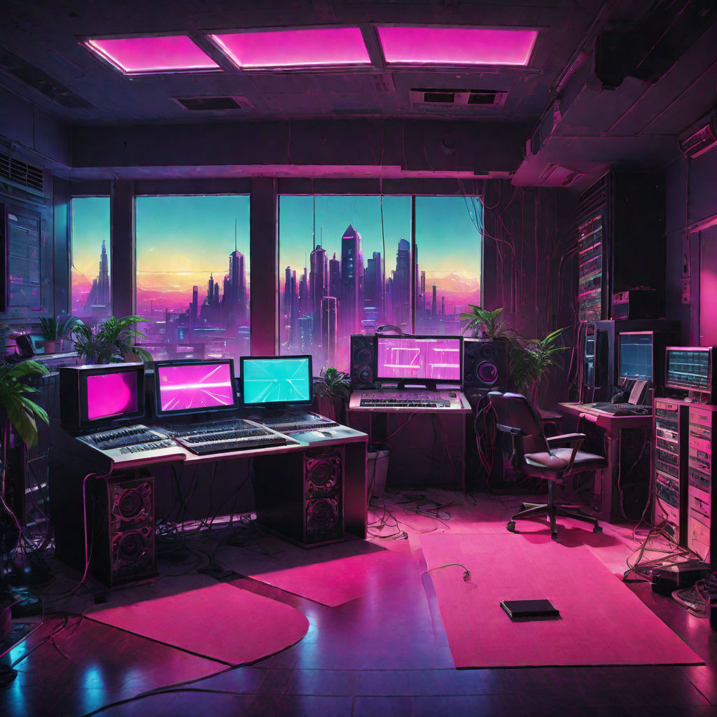 Synthwave town views from a developer and producer room of a... by ...