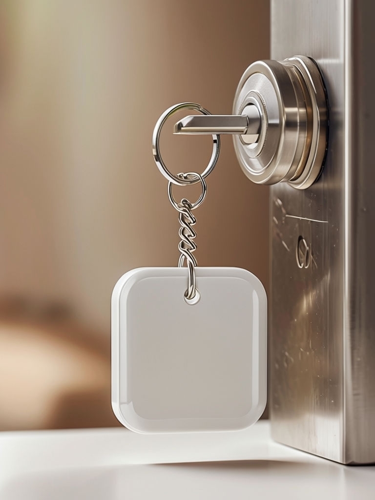 Minimalist White Square Keychain with Silver Key Mockup - Playground