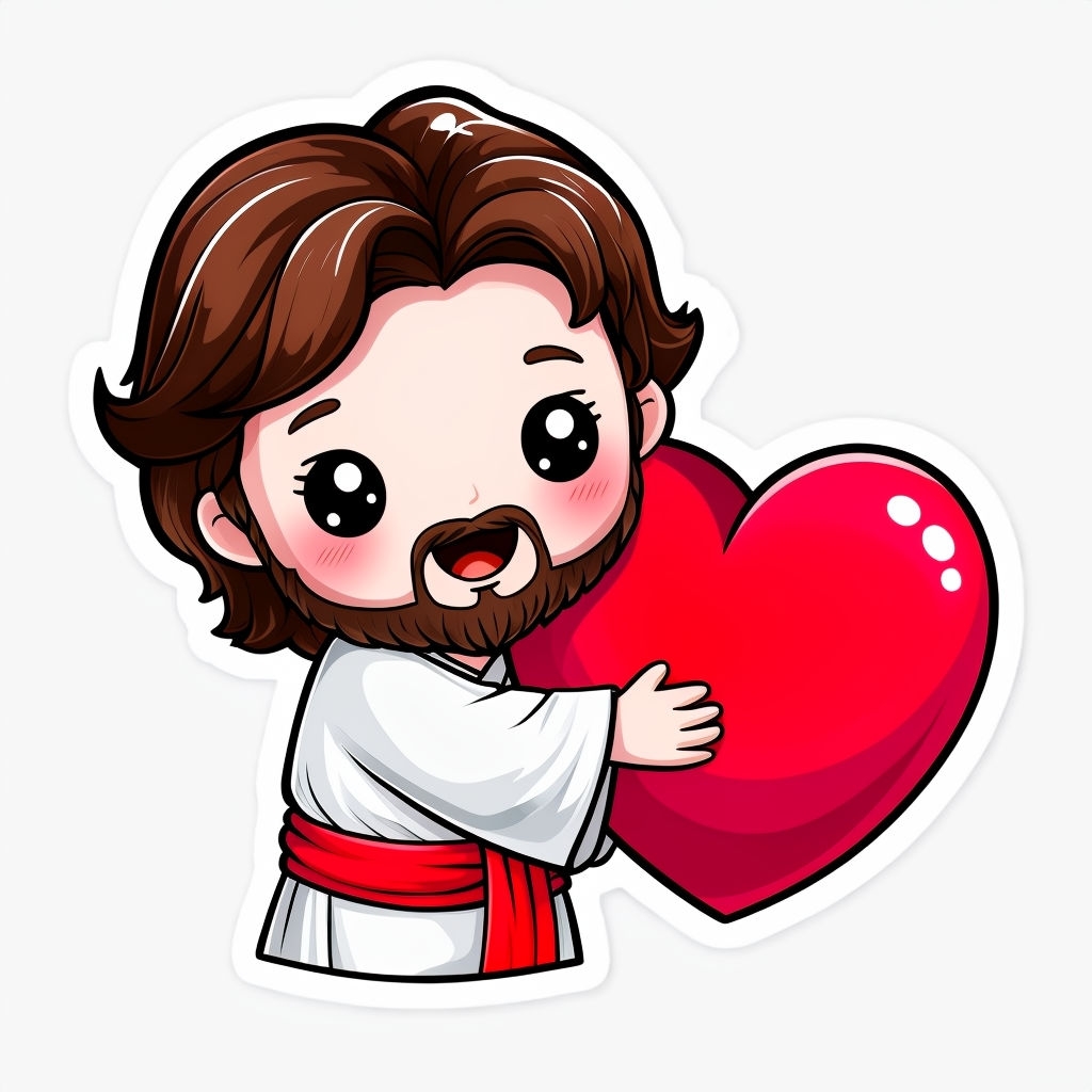 Cute Chibi Jesus Holding Heart Cartoon Sticker