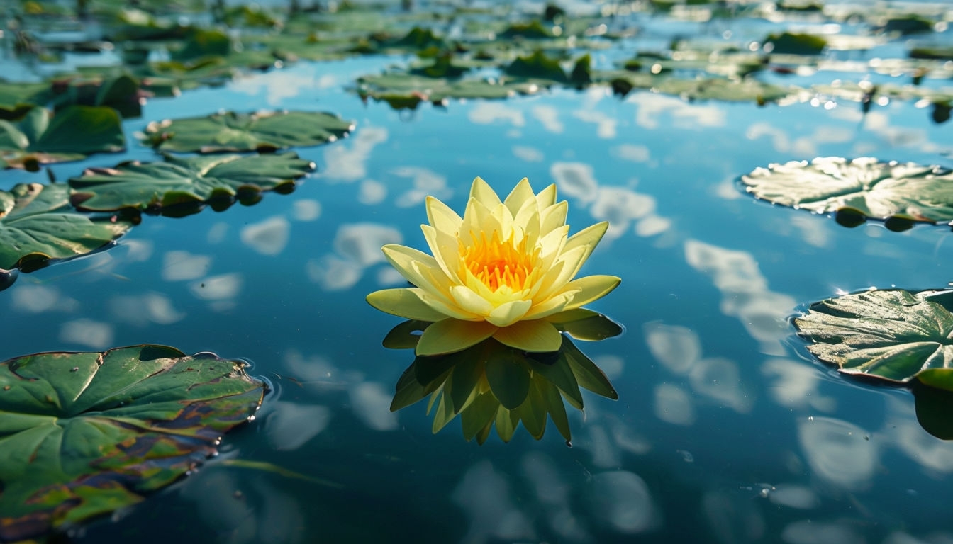 Elegant Pale Yellow Lotus Flower in Serene Pond Background