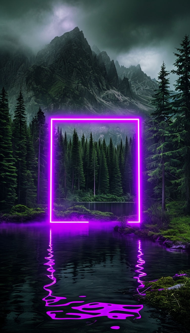 Mystical Evergreen Forest with Neon Frame Mobile Wallpaper