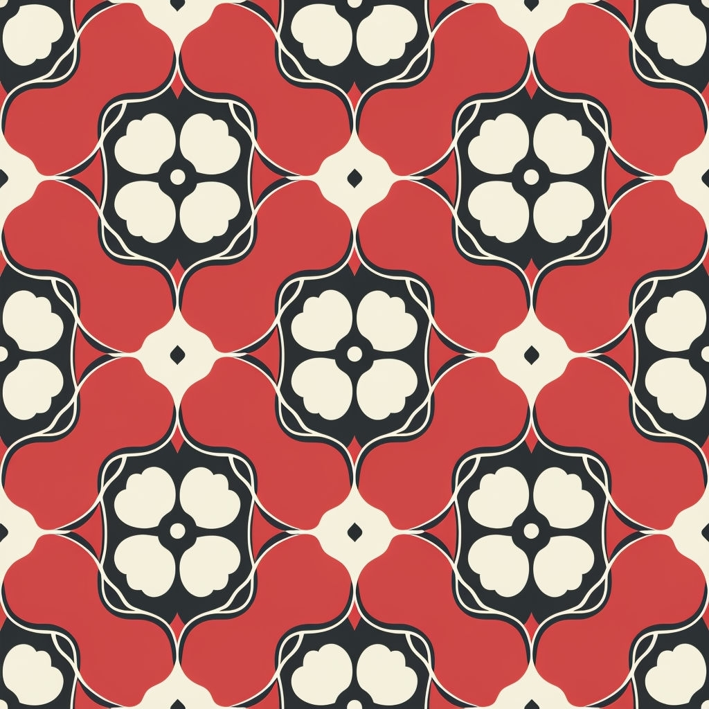Stylized Ivory Flower Geometric Pattern on Red Background Seamless Pattern