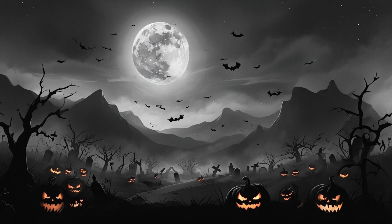 Spooky Halloween Graveyard Scene with Jack-o'-lanterns Background