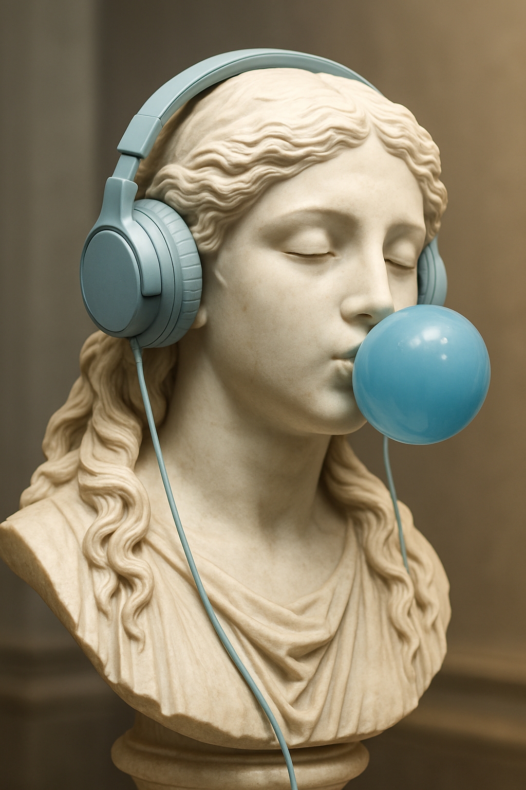Contemporary Marble Bust with Headphones and Bubblegum Art
