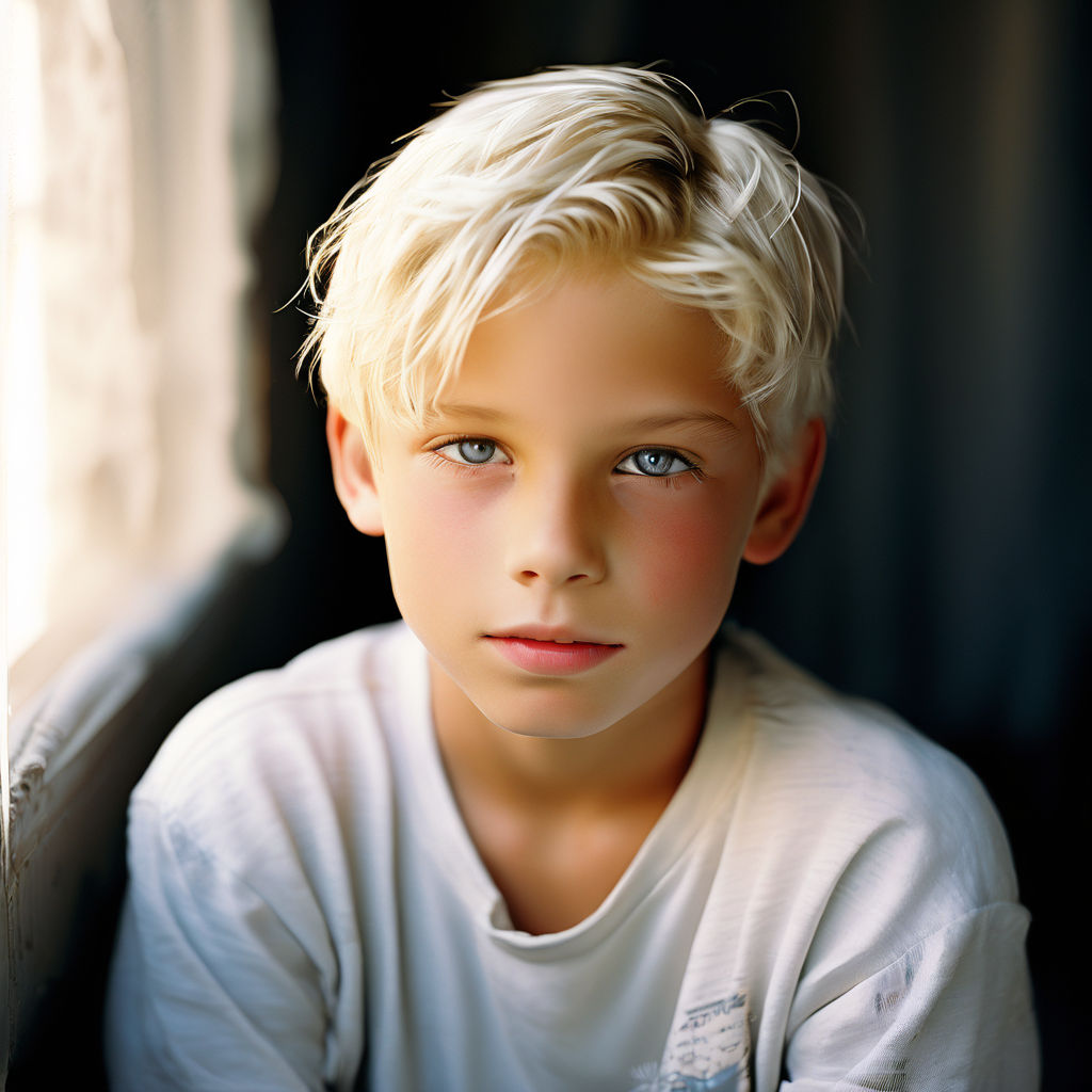 Boy 11 years old freckles white blonde long hair pink lips blue eyes bare  chest armpits