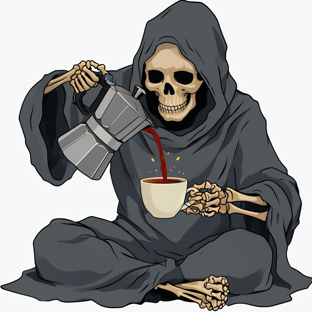 Skeletal Figure Enjoys Coffee in Dark Robe Digital Art Illustration
