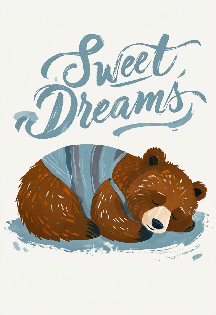 Serene Brown Bear Illustration with Sweet Dreams Message Poster