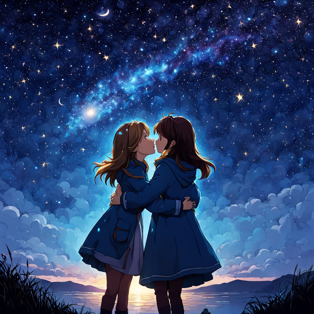 Two girls kissing in anime style