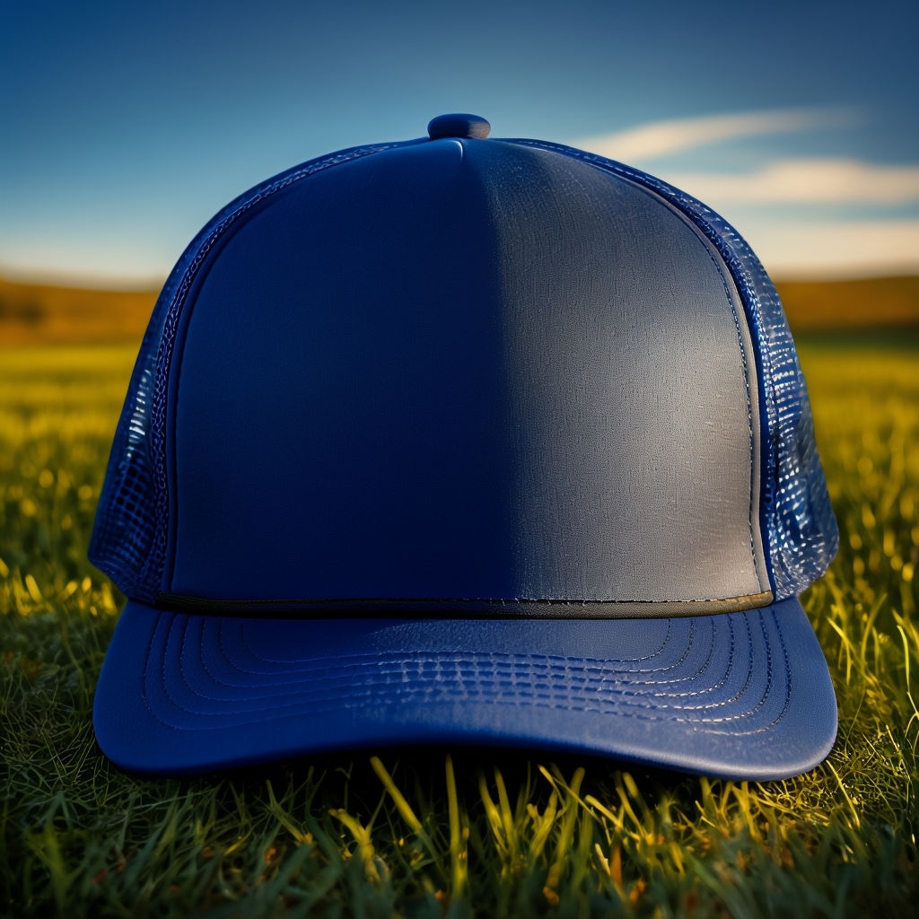 Cobalt Blue Trucker Hat in Vibrant Outdoor Scene Mockup