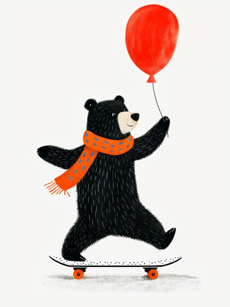 Whimsical Cartoon Black Bear on Skateboard with Balloon Art