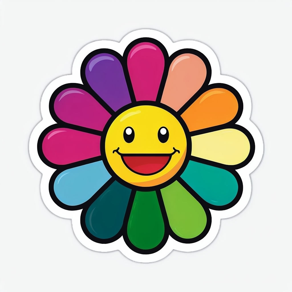 Vibrant Cartoon Smiling Flower Sticker with Colorful Petals