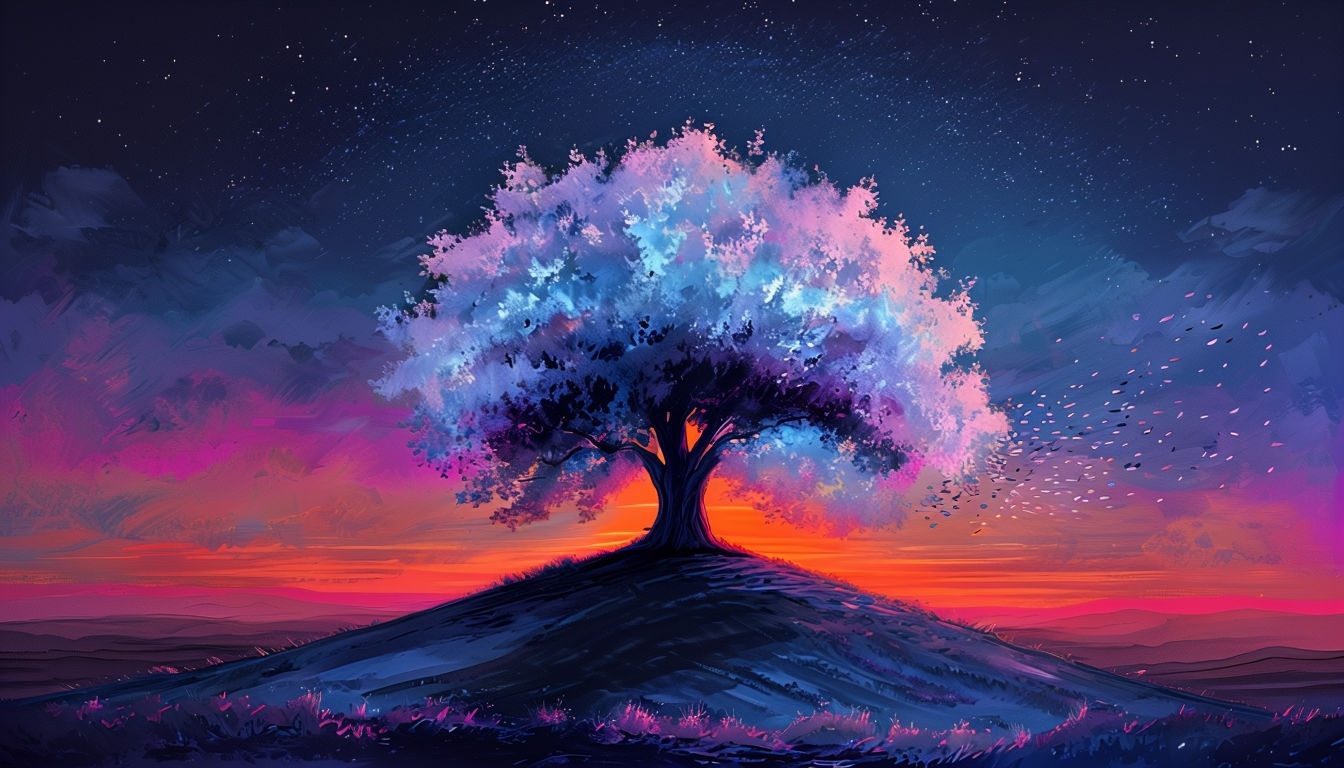 Mystical Twilight Landscape with Luminous Tree Background