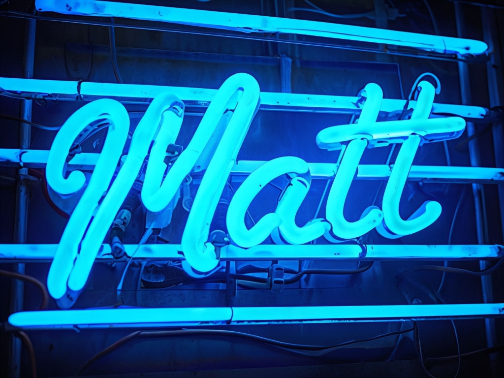Neon Blue 'Matt' Cursive Sign Close-Up Art