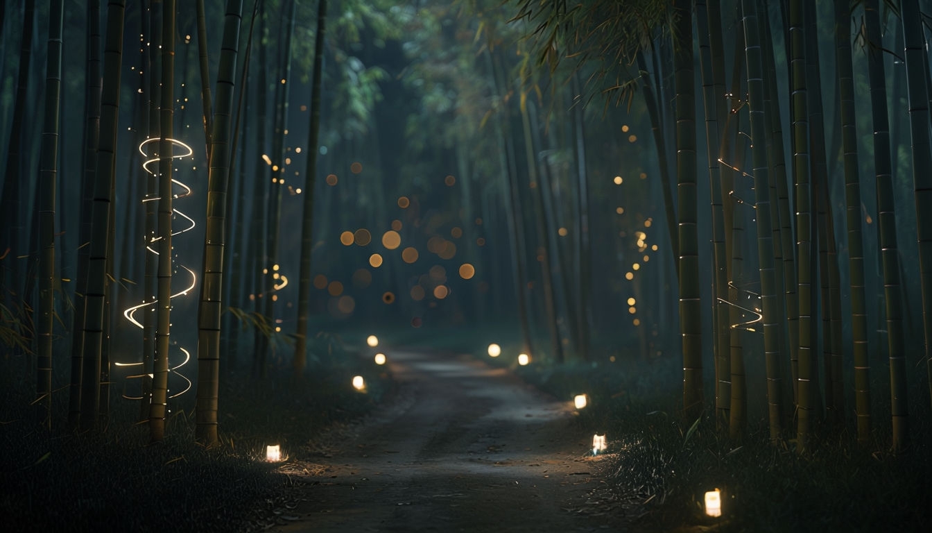 Enchanting Nighttime Bamboo Forest with Glowing Lanterns Background