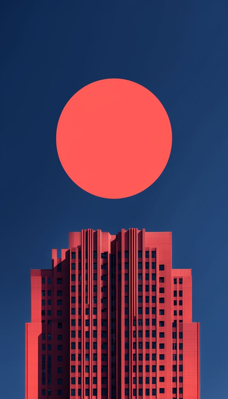 Modern Dark Red High-Rise Building with Abstract Coral Element Mobile Wallpaper