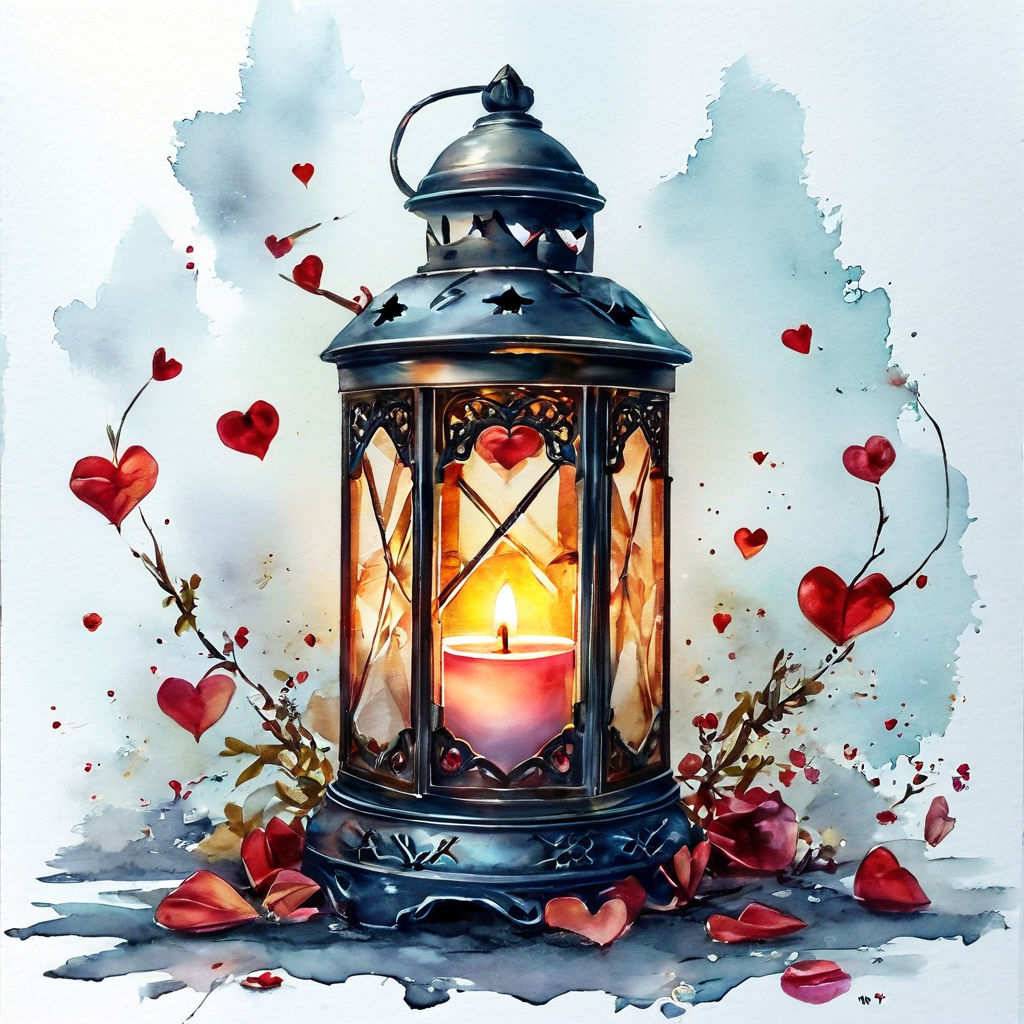 Prompt: Magical looking lantern with white candle, white background  with hearts
</p>
<p>, Watercolor, trending on artstation, sharp focus, studio photo, intricate details, highly detailed, by greg rutkowski