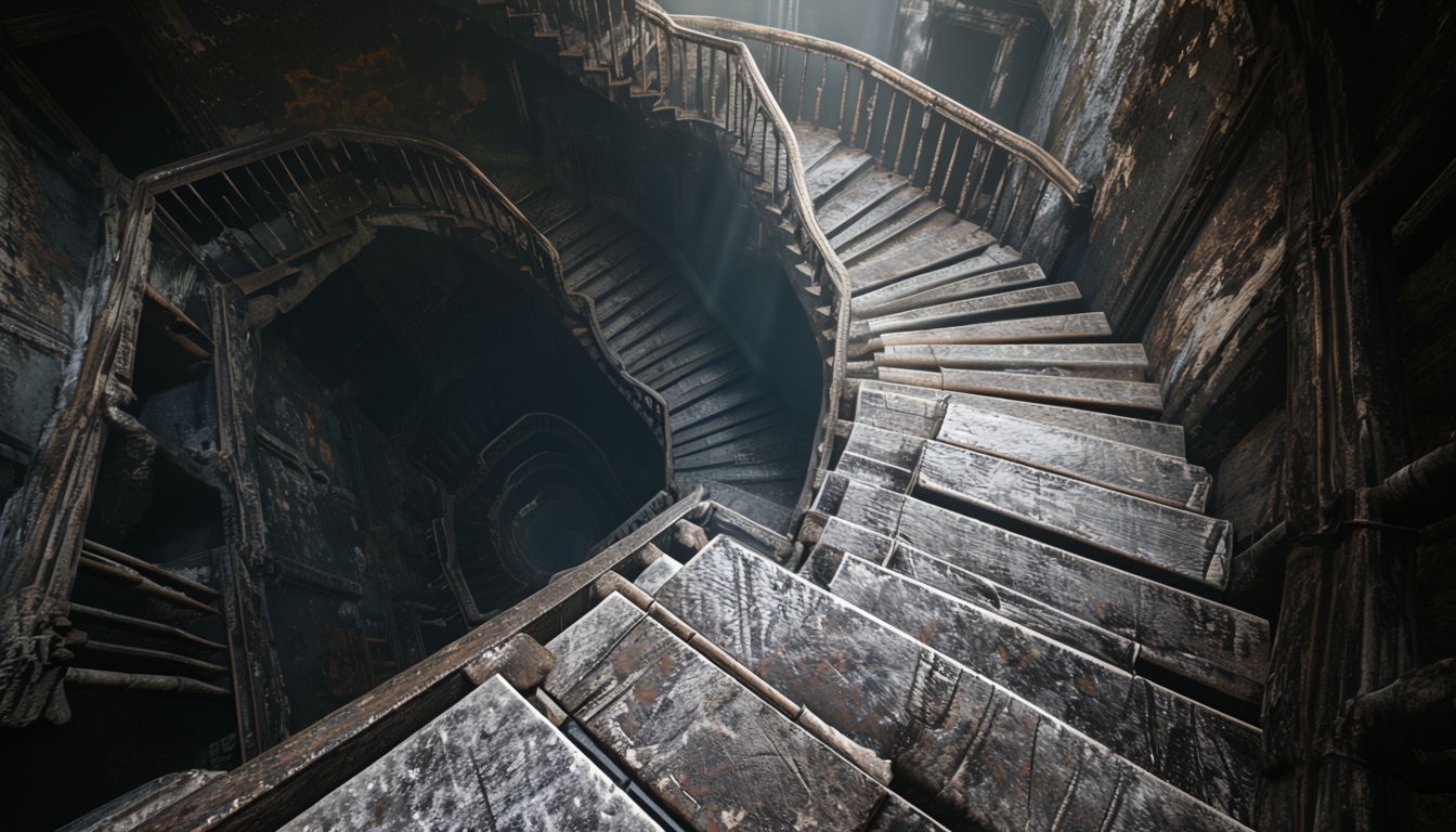 Mysterious Winding Staircase in an Old Dark Building Virtual Background