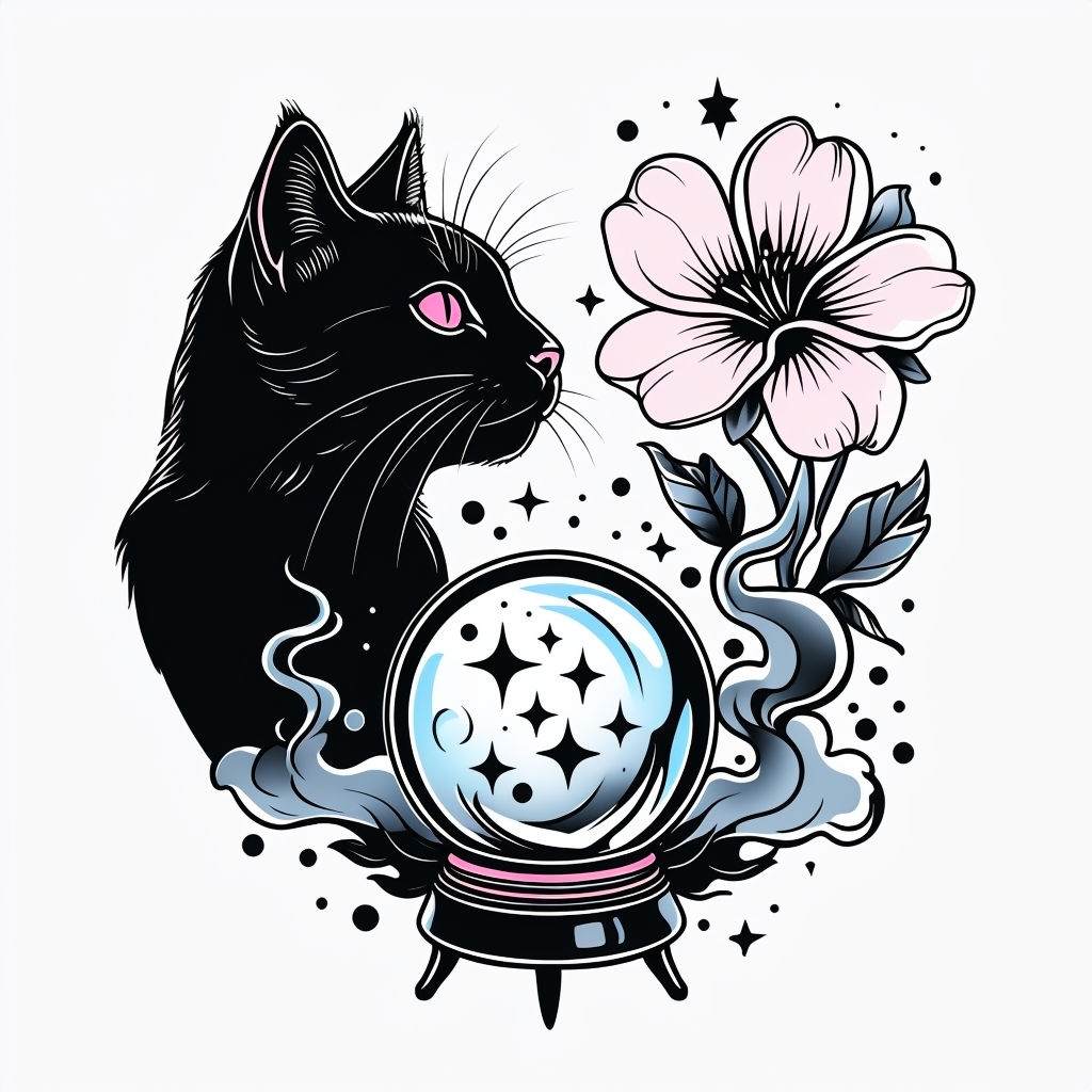 Mystical Black Cat and Flower Tattoo Art Illustration