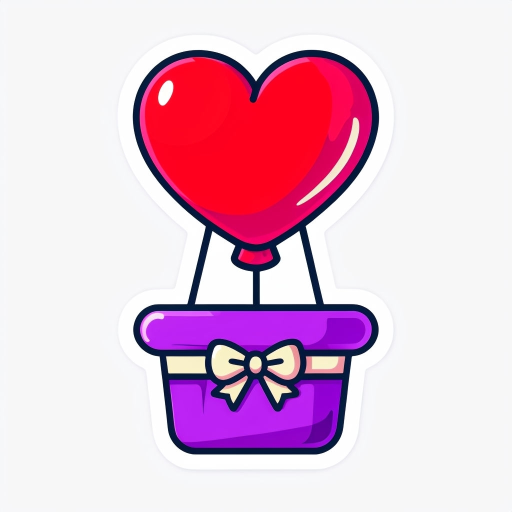 Vibrant Red Heart Balloon with Purple Basket Illustration Sticker