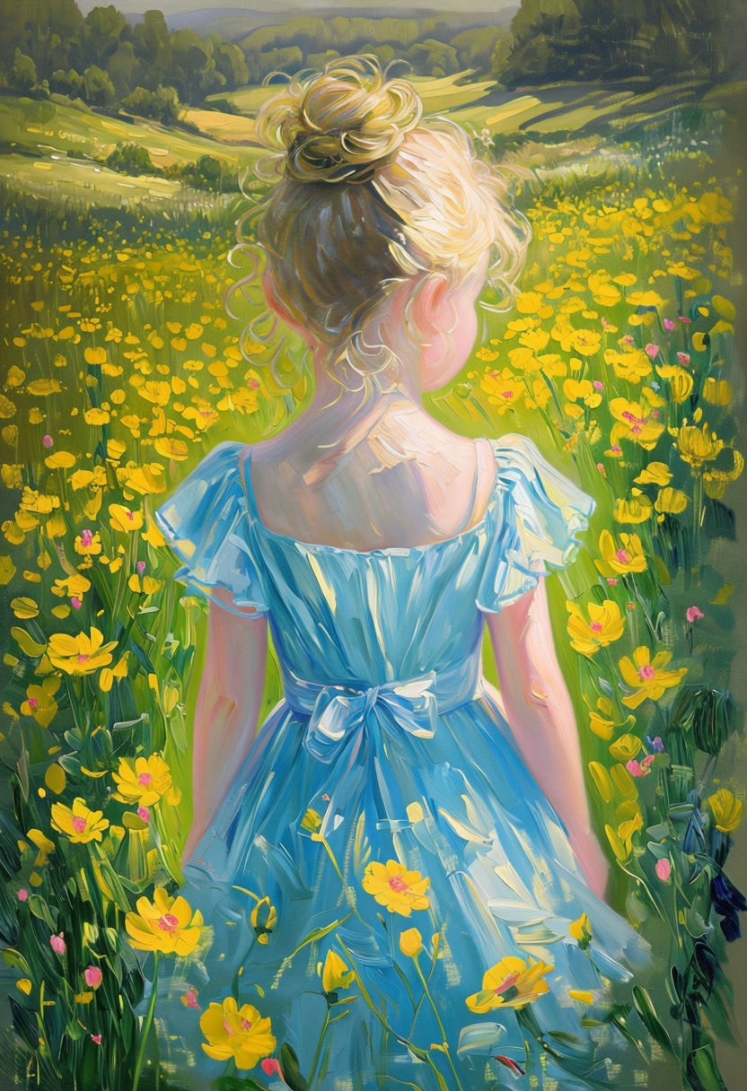 Whimsical Young Girl among Yellow Flowers Impressionist Painting Art