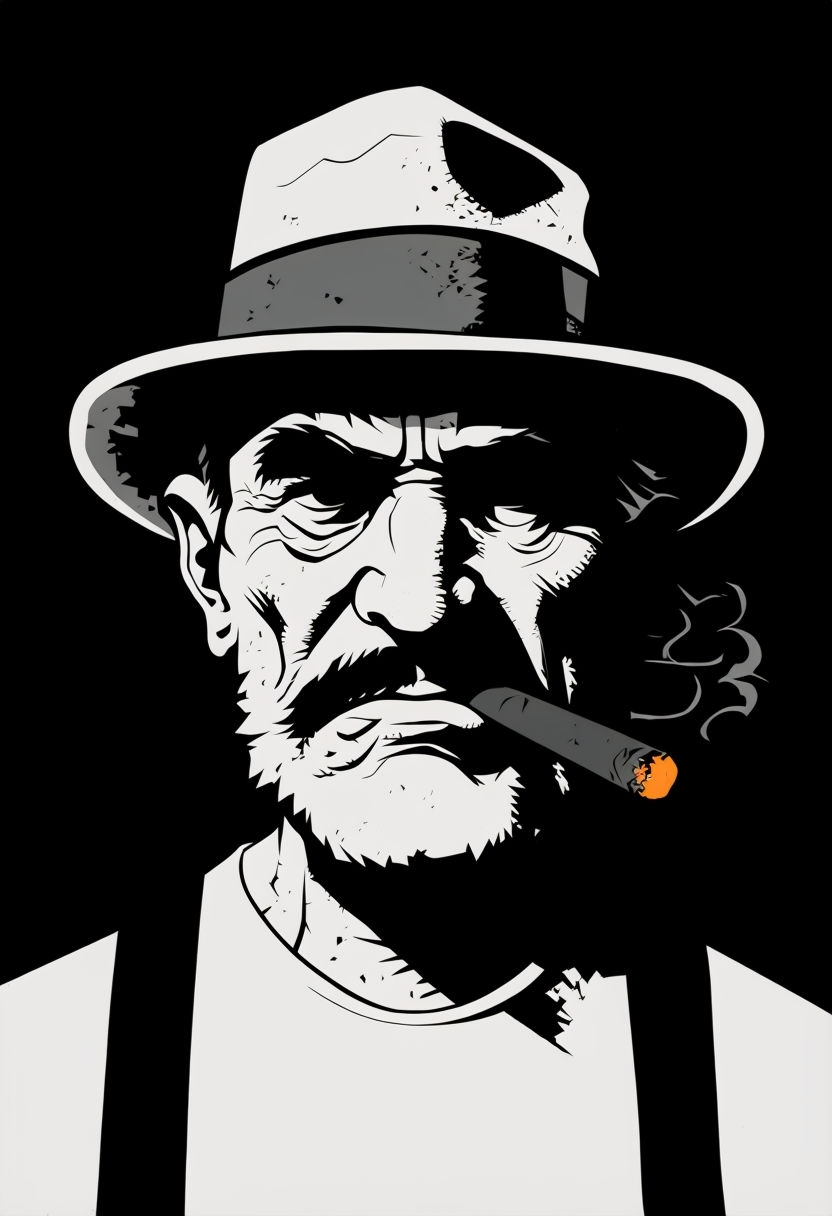 Elderly Man Portrait with Cigar in High-Contrast Graphic Style Art