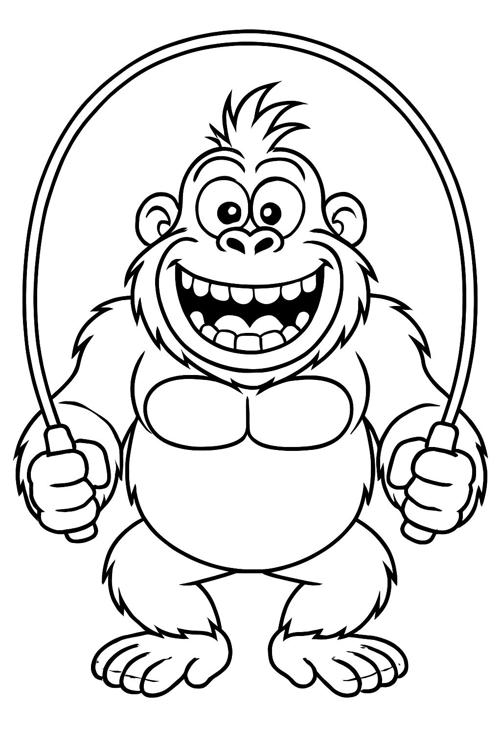 Playful Cartoon Gorilla Jumping Rope Line Drawing for Coloring Book Pages