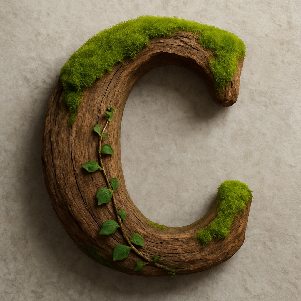 Curved Wooden Letter C with Moss and Vine Design Monogram